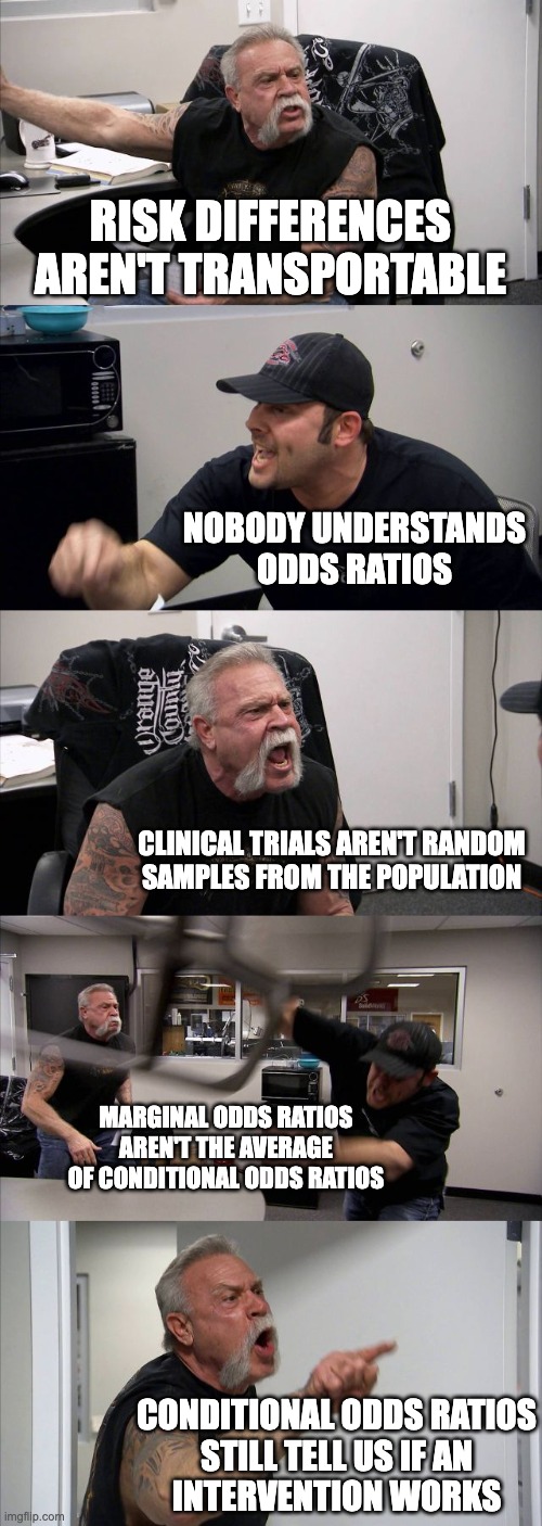 American Chopper argument meme: risk differences aren't transportable / nobody understands odds ratios / clinical trials aren't random samples from the population / marginal odds ratios aren't the average of conditional odds ratios / conditional odds ratios still tell us if an intervention works